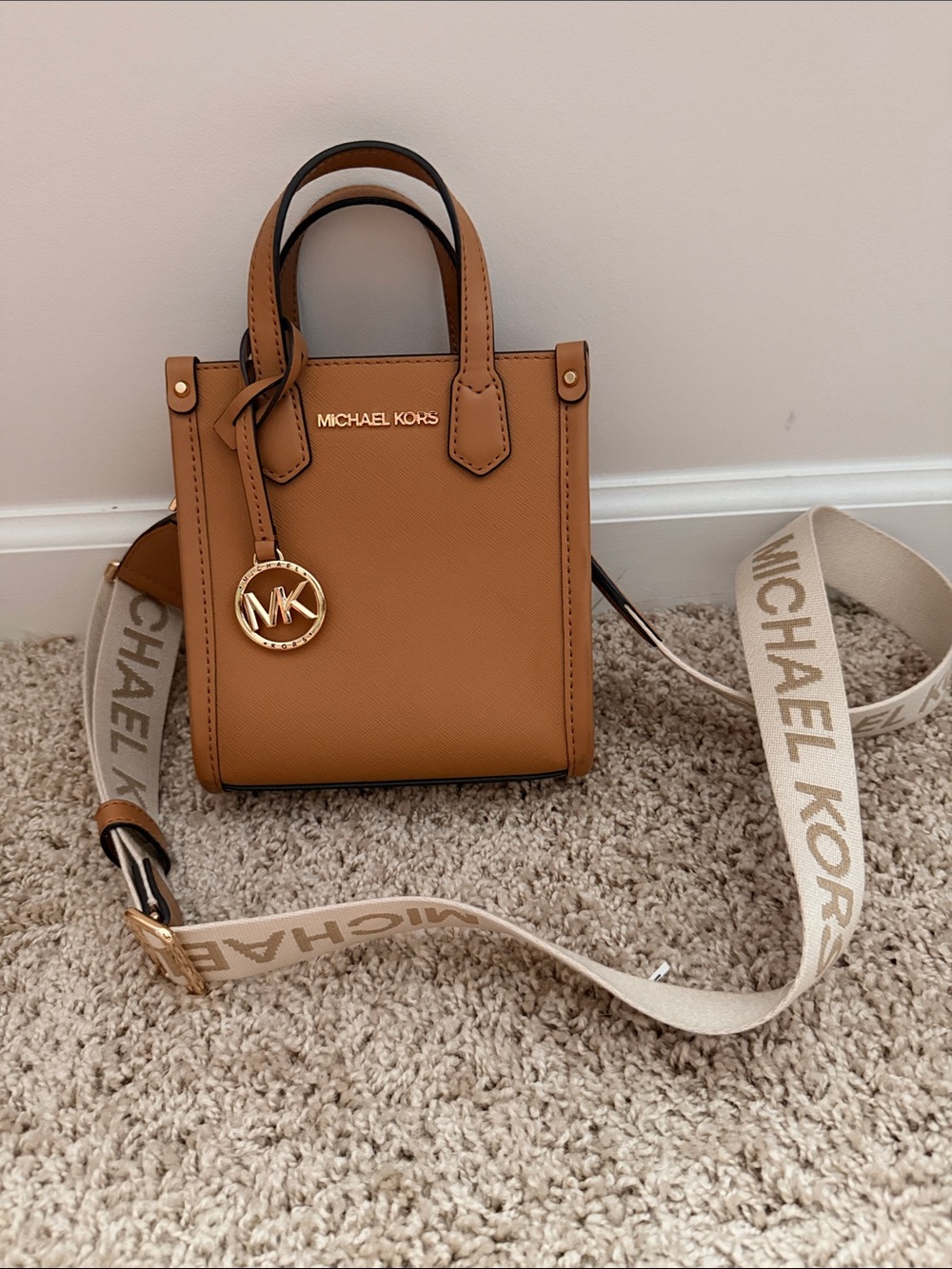 Michael Kors Tan Saffiano Leather Crossbody Tote with Logo Strap